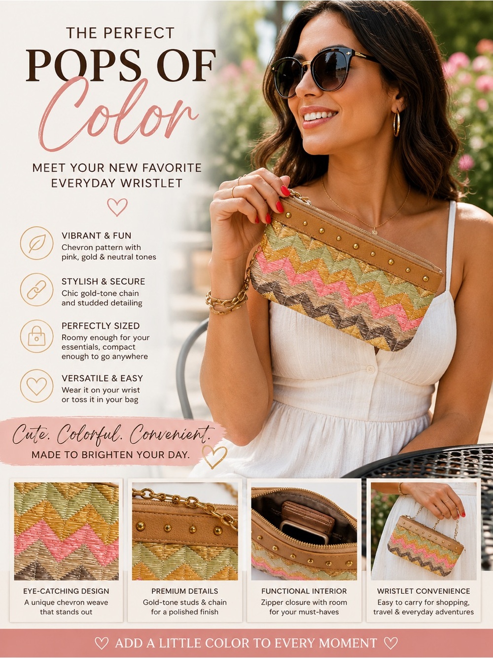 Sun & Sand Multicolor Chevron Wristlet Clutch with Gold Accents